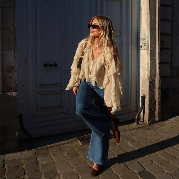 Tan Casual Women's Ruffle Trim Lantern Blouse Shirt - Picture 5 of 10